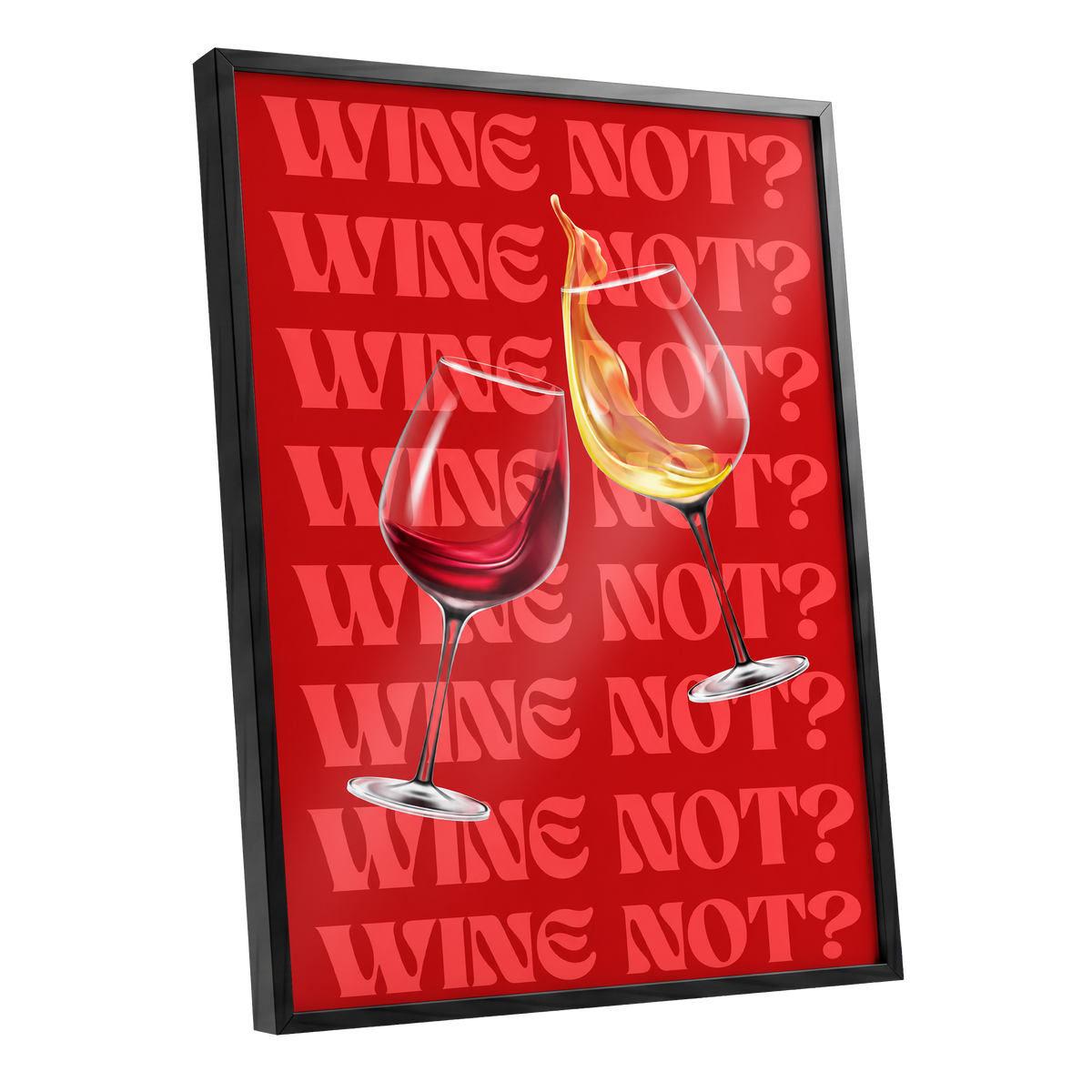 Wine Not?, red, pink, gold minimalist wall art shown as a black framed poster wall art print