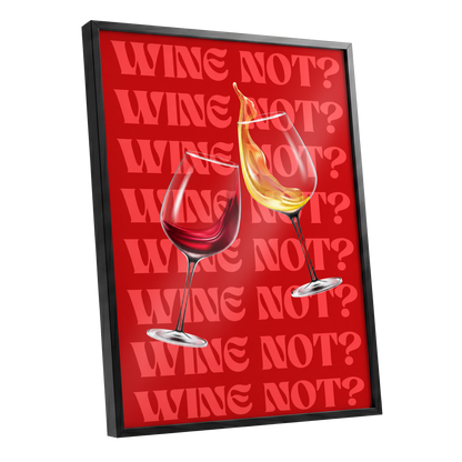 Wine Not?, red, pink, gold minimalist wall art shown as a black framed poster wall art print