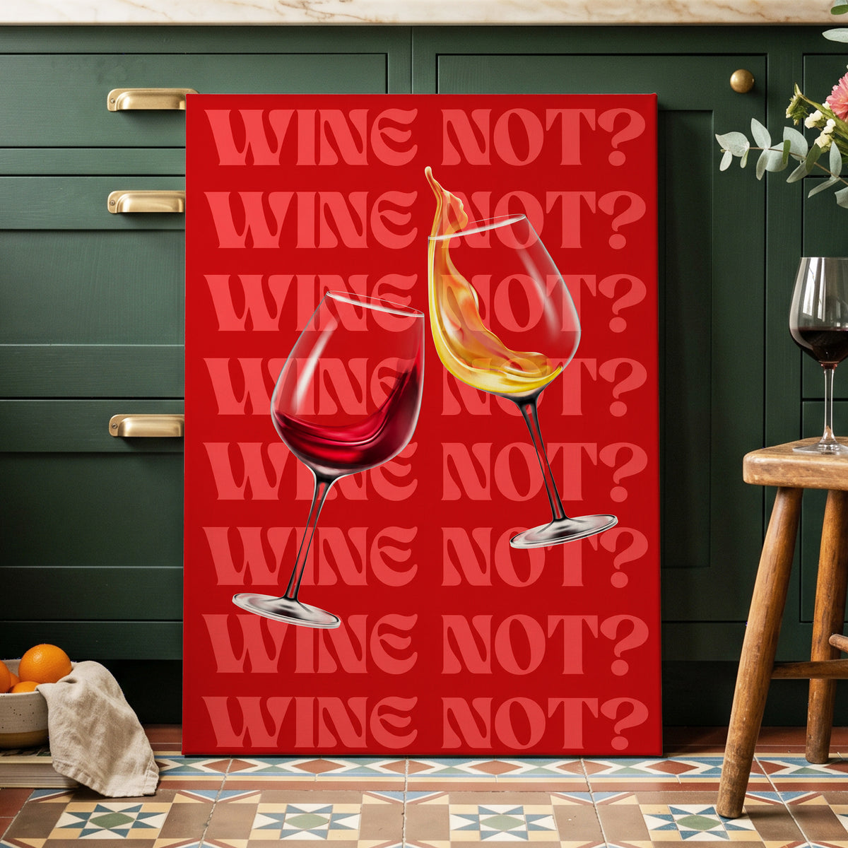 Wine Not?, red, pink, gold minimalist wall art on canvas displayed in a styled interior, gallery view 1