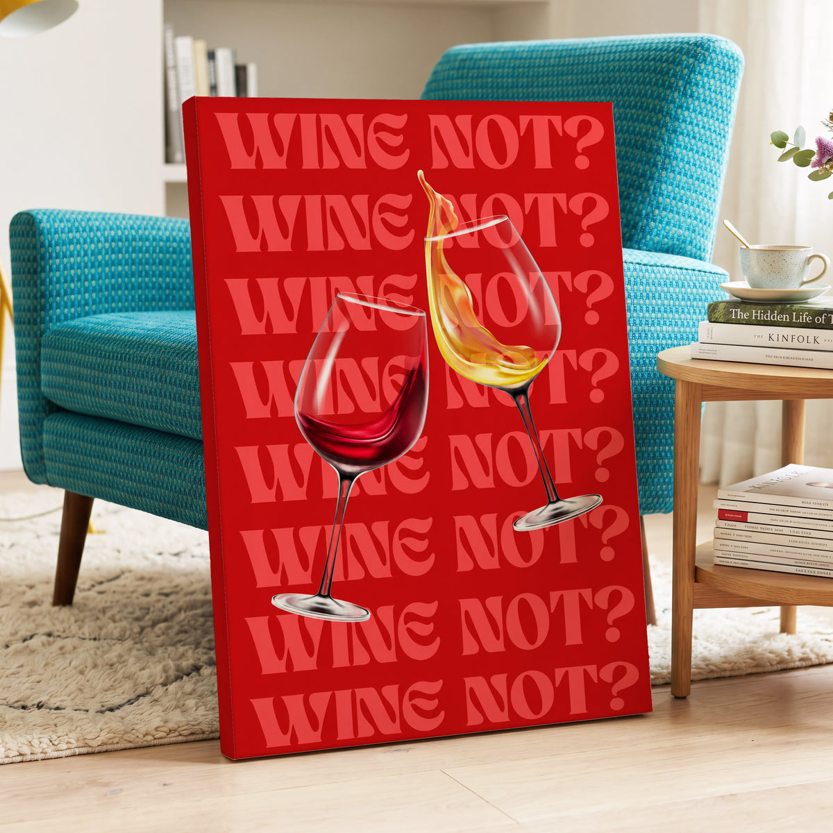 Wine Not?, red, pink, gold minimalist wall art on canvas displayed in a styled interior, gallery view 2
