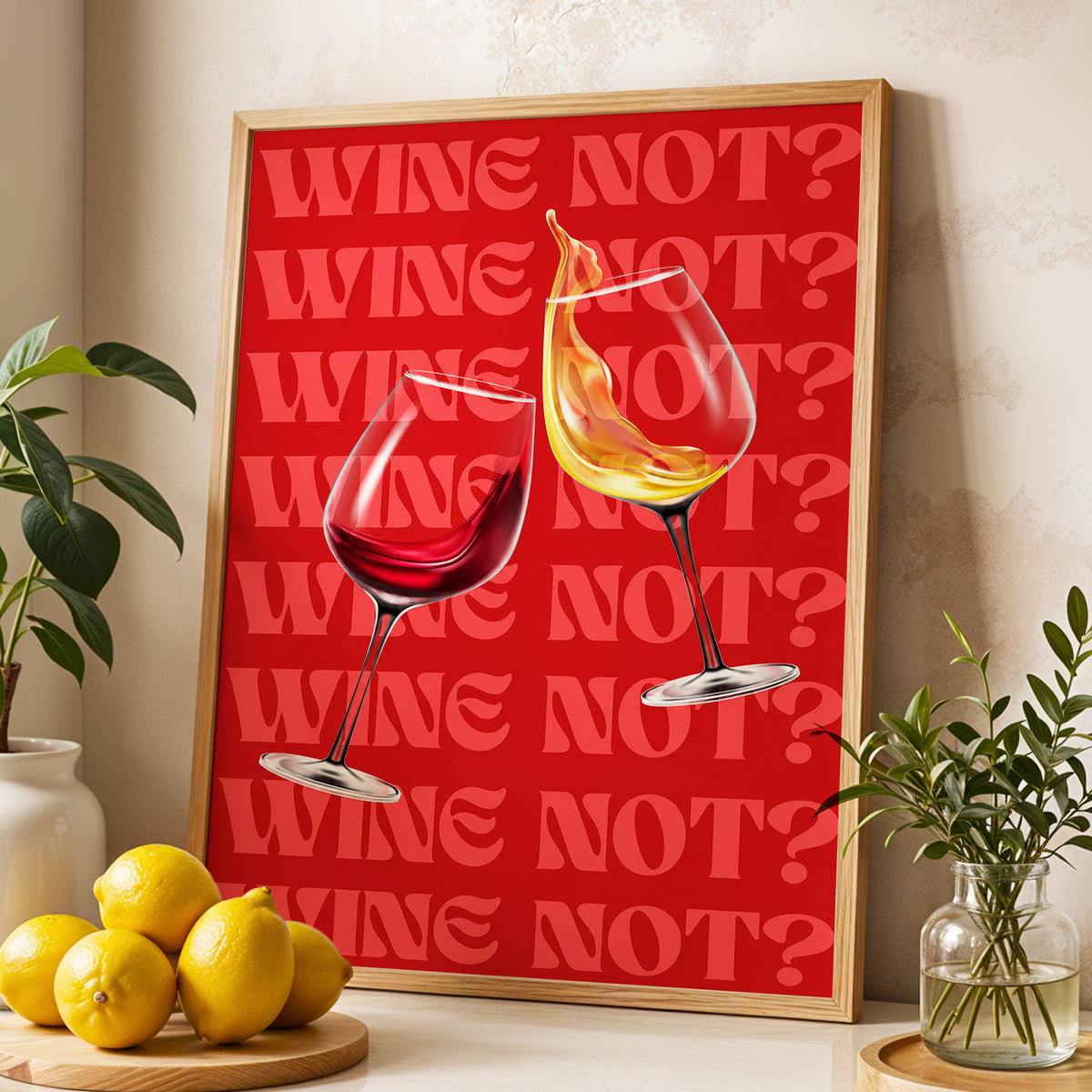 Wine Not?, red, pink, gold minimalist wall art displayed in a styled interior, gallery view 4
