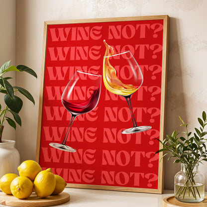 Wine Not?, red, pink, gold minimalist wall art displayed in a styled interior, gallery view 4