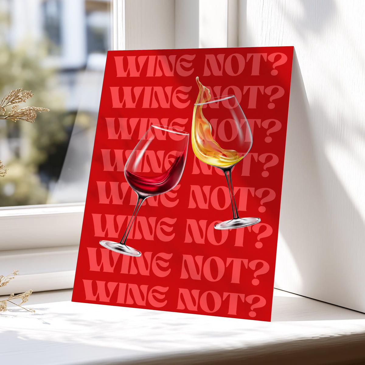 Wine Not?, red, pink, gold minimalist wall art displayed in a styled interior, gallery view 6