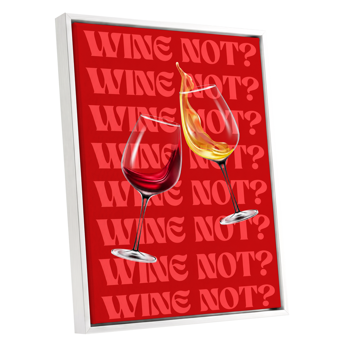 Wine Not?, red, pink, gold minimalist wall art shown as a white framed canvas wall art