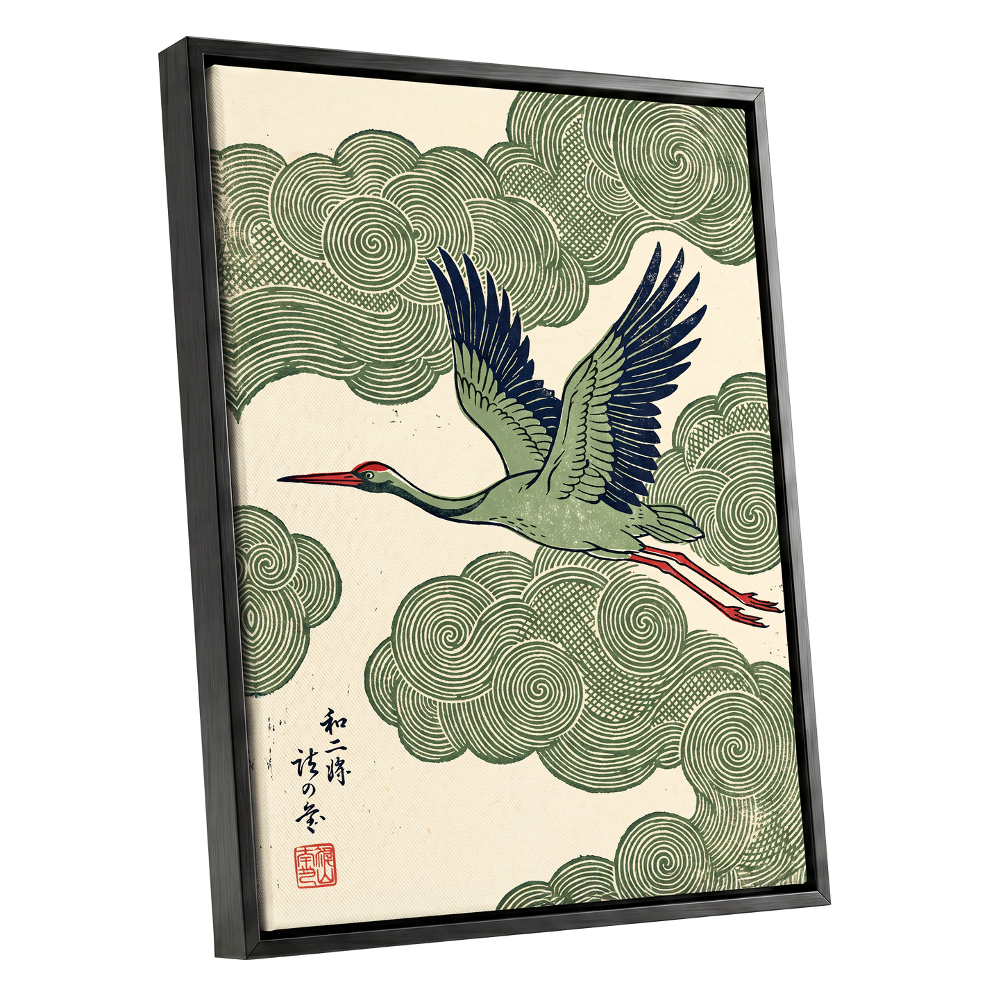 Wingbeat Through Whorls, green, beige, blue nature wall art shown as a black framed canvas wall art