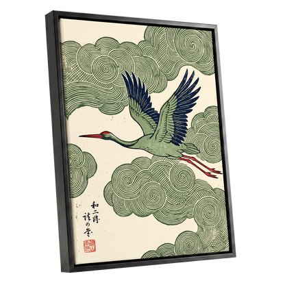 Wingbeat Through Whorls, green, beige, blue nature wall art shown as a black framed canvas wall art