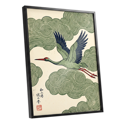 Wingbeat Through Whorls, green, beige, blue nature wall art shown as a black framed poster wall art print