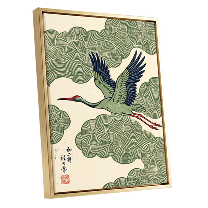 Wingbeat Through Whorls, green, beige, blue nature wall art shown as a gold framed canvas wall art