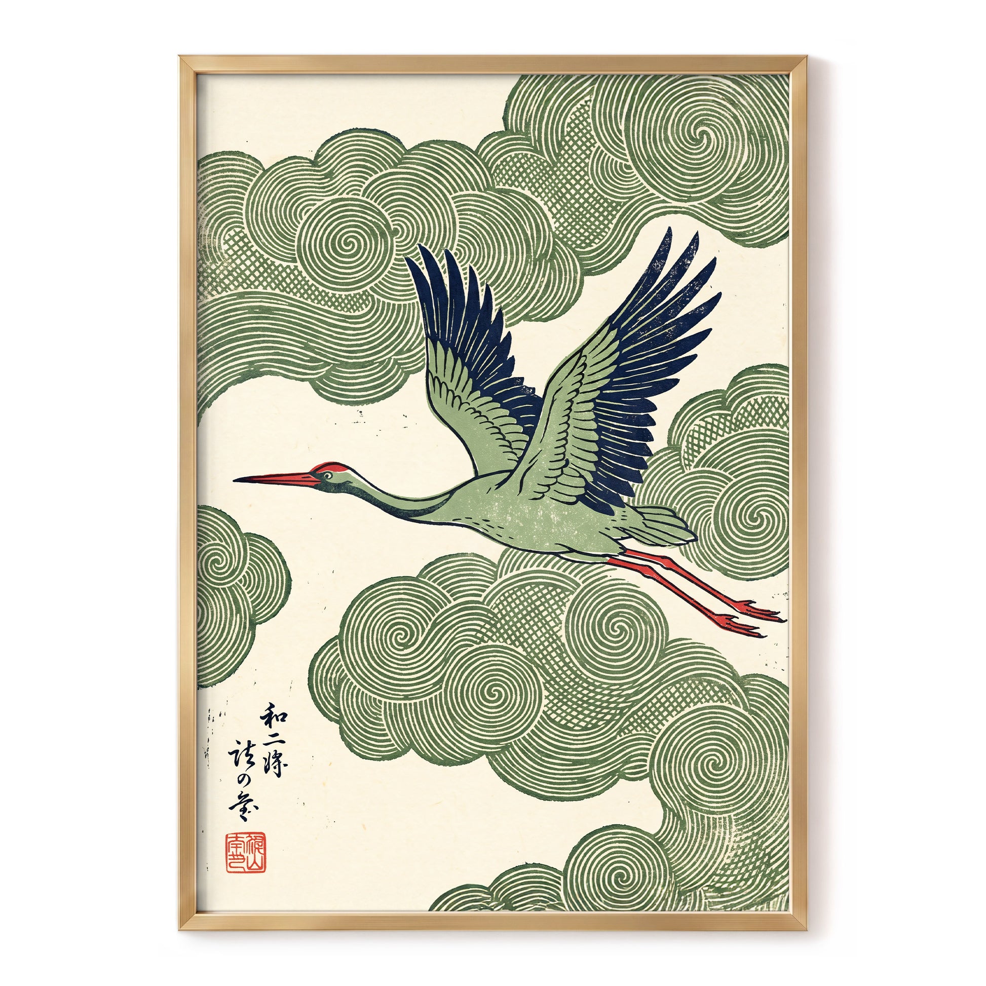 Wingbeat Through Whorls, green, beige, blue nature wall art, front artwork view