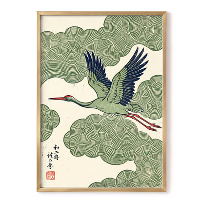 Wingbeat Through Whorls, green, beige, blue nature wall art, front artwork view