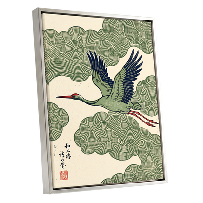 Wingbeat Through Whorls, green, beige, blue nature wall art shown as a silver framed canvas wall art