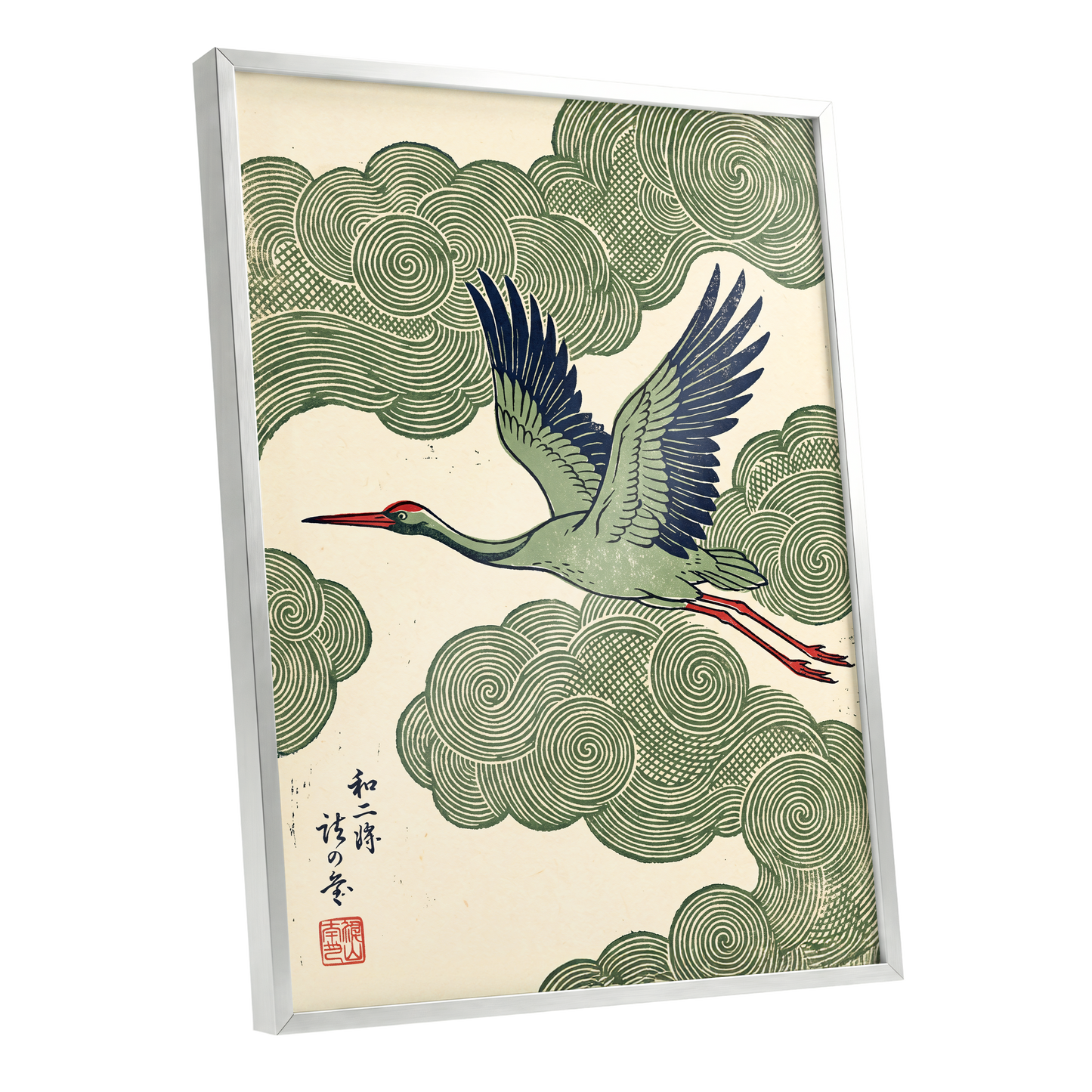 Wingbeat Through Whorls, green, beige, blue nature wall art shown as a silver framed poster wall art print