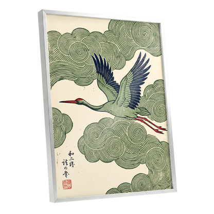 Wingbeat Through Whorls, green, beige, blue nature wall art shown as a silver framed poster wall art print