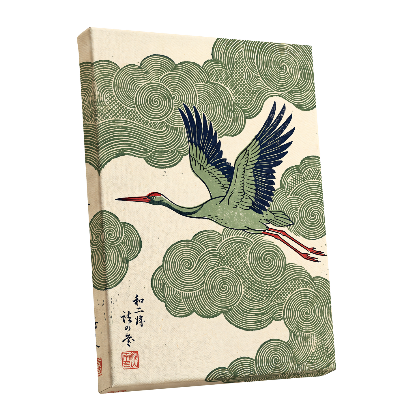 Wingbeat Through Whorls, green, beige, blue nature wall art shown as a stretched canvas wall art