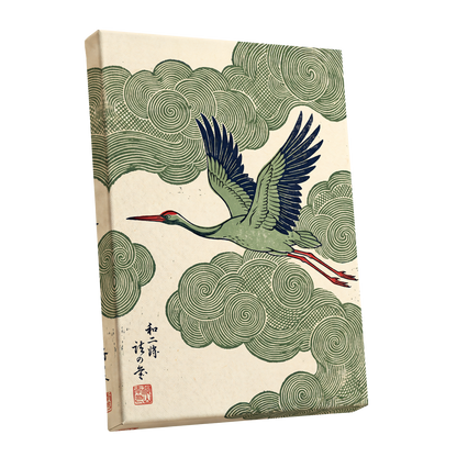 Wingbeat Through Whorls, green, beige, blue nature wall art shown as a stretched canvas wall art