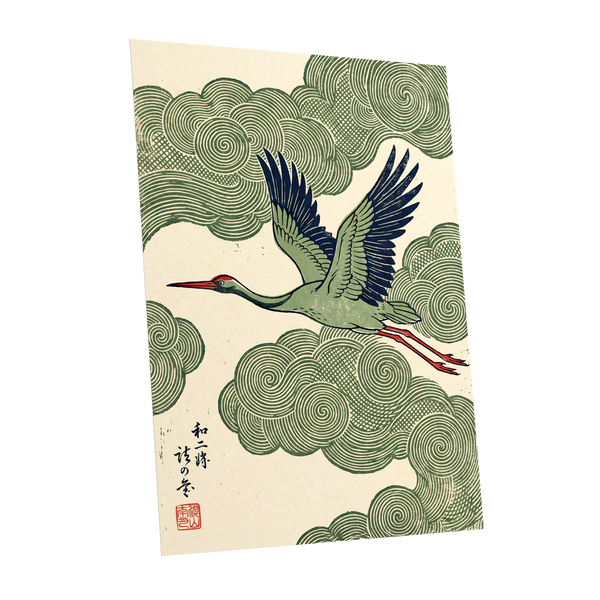 Wingbeat Through Whorls, green, beige, blue nature wall art shown as a unframed poster wall art print