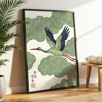 Wingbeat Through Whorls, green, beige, blue nature wall art displayed in a styled interior, gallery view 2
