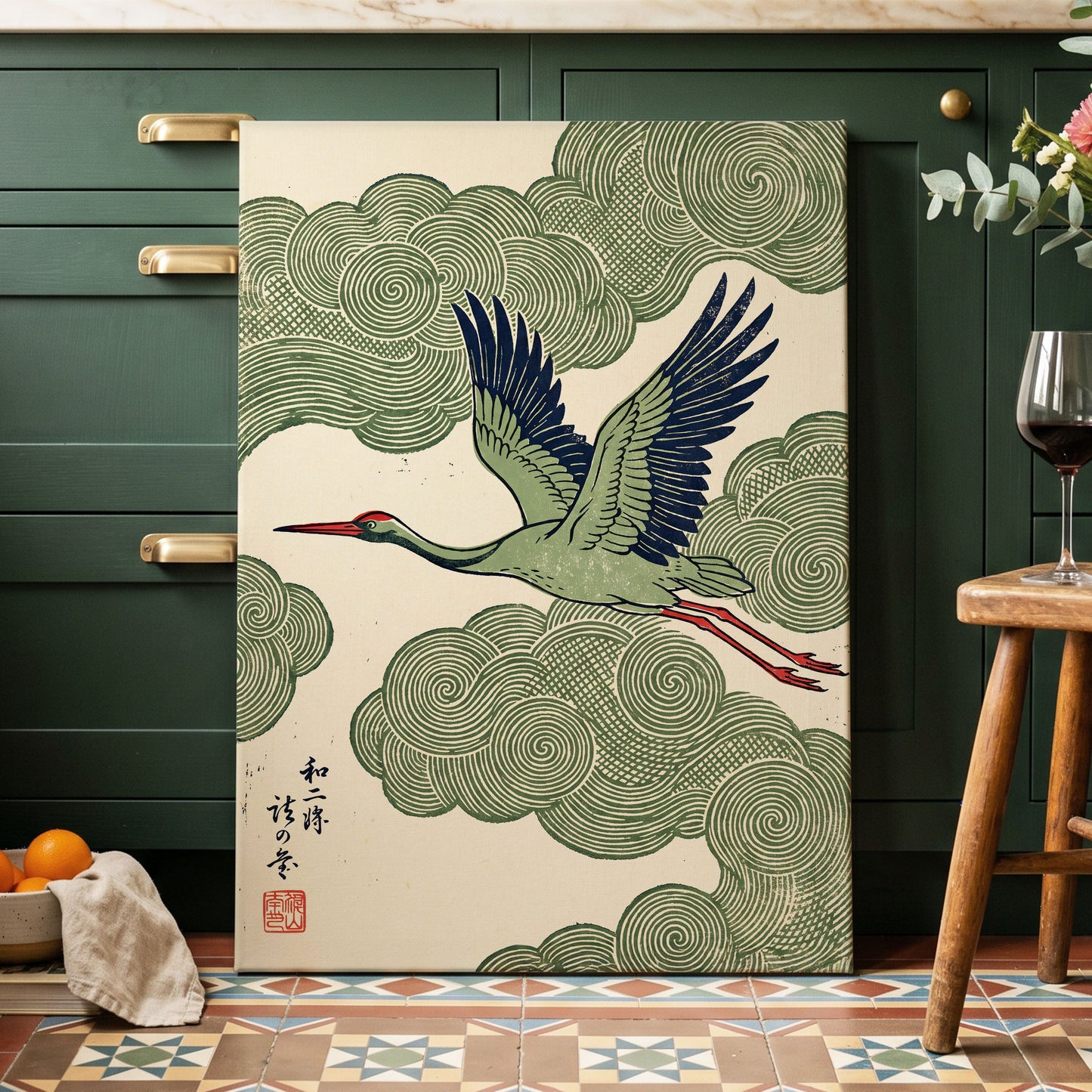 Wingbeat Through Whorls, green, beige, blue nature wall art displayed in a styled interior, gallery view 3