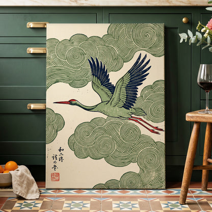 Wingbeat Through Whorls, green, beige, blue nature wall art displayed in a styled interior, gallery view 3