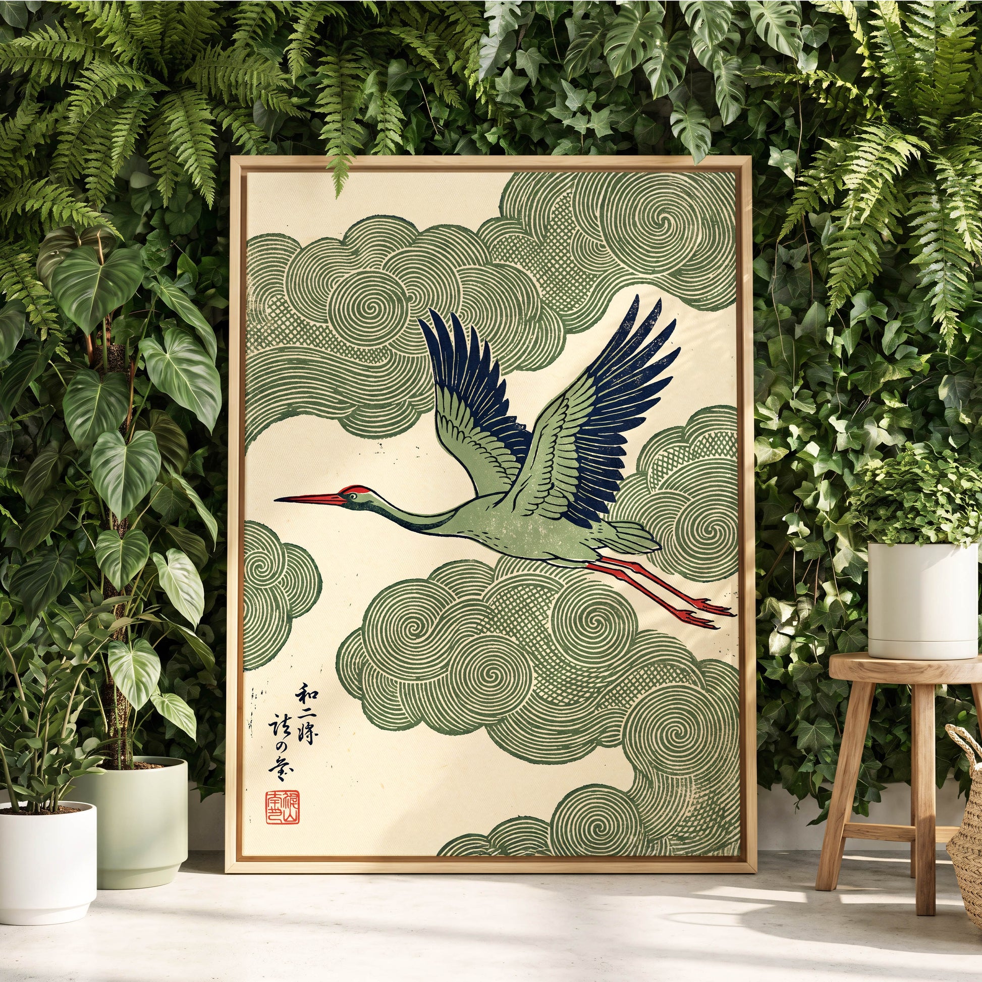 Wingbeat Through Whorls, green, beige, blue nature wall art displayed in a styled interior, gallery view 4