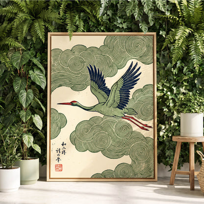 Wingbeat Through Whorls, green, beige, blue nature wall art displayed in a styled interior, gallery view 4