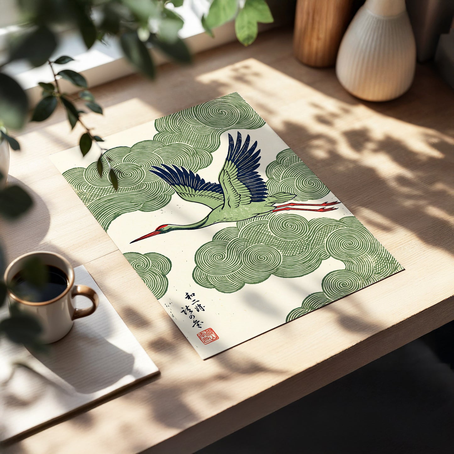 Wingbeat Through Whorls, green, beige, blue nature wall art displayed in a styled interior, gallery view 5