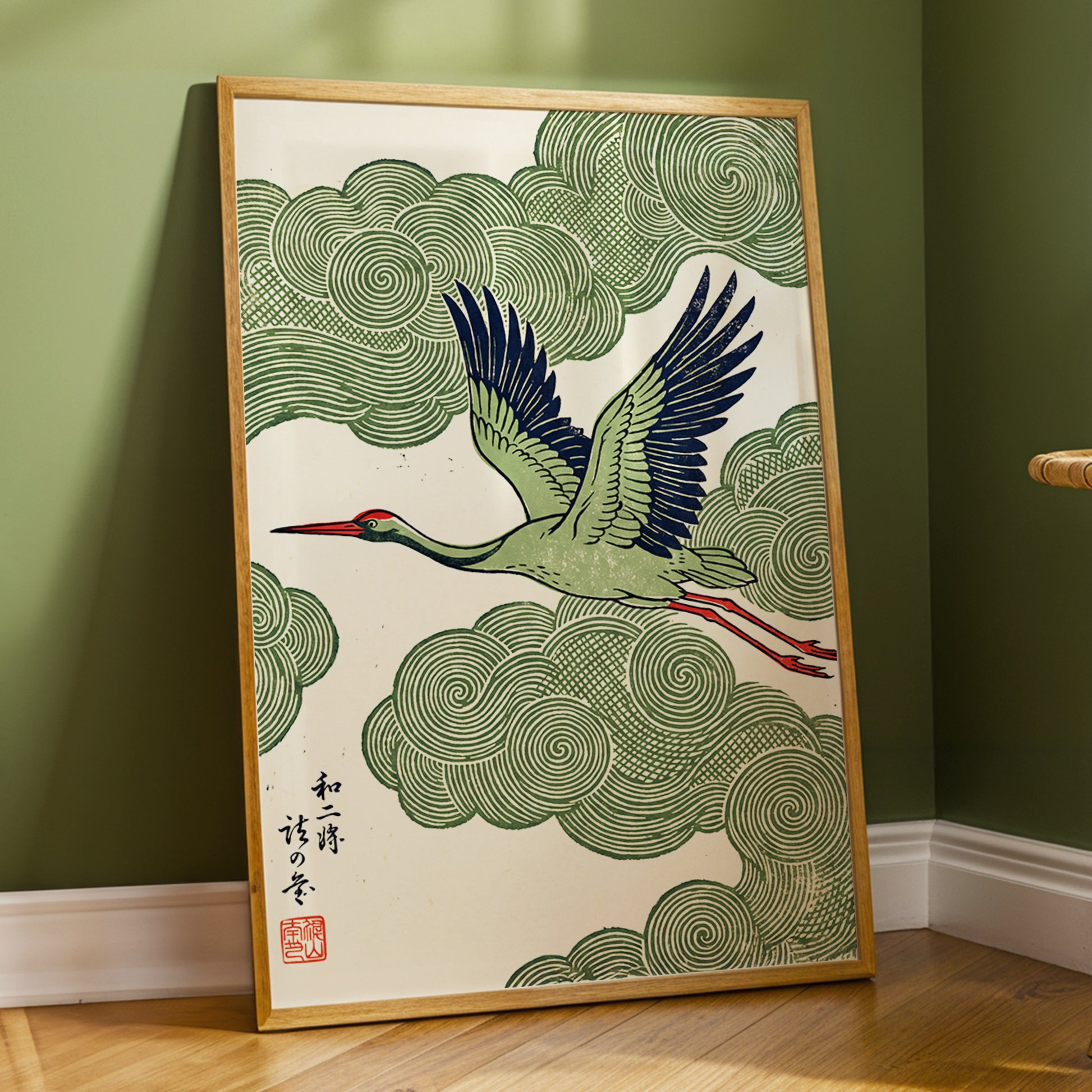 Wingbeat Through Whorls, green, beige, blue nature wall art displayed in a styled interior, gallery view 6