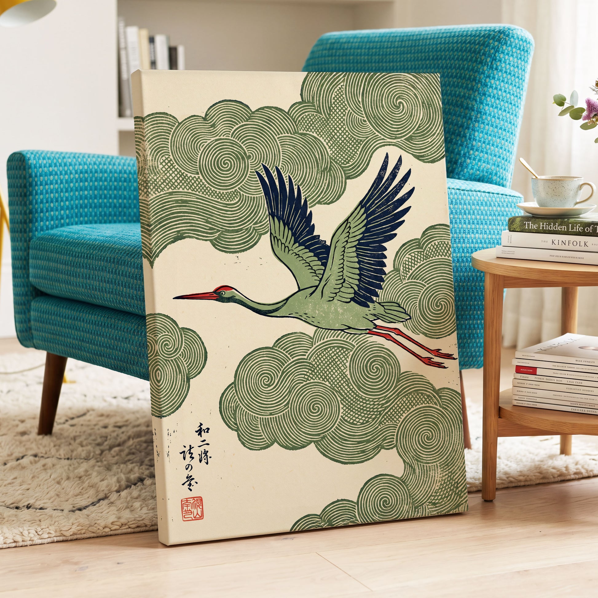 Wingbeat Through Whorls, green, beige, blue nature wall art displayed in a styled interior, gallery view 7
