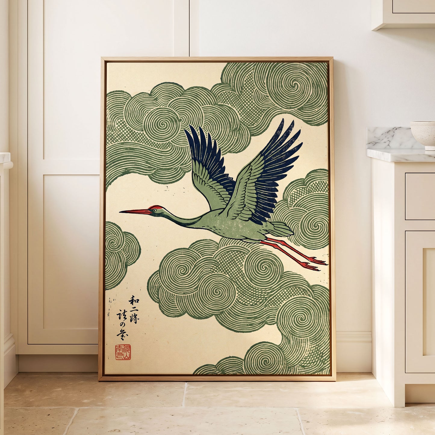 Wingbeat Through Whorls, green, beige, blue nature wall art displayed in a styled interior, gallery view 8