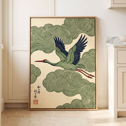 Wingbeat Through Whorls, green, beige, blue nature wall art displayed in a styled interior, gallery view 8