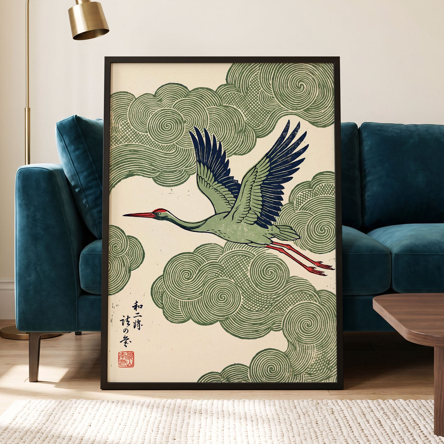 Wingbeat Through Whorls, green, beige, blue nature wall art displayed in a styled interior, gallery view 9
