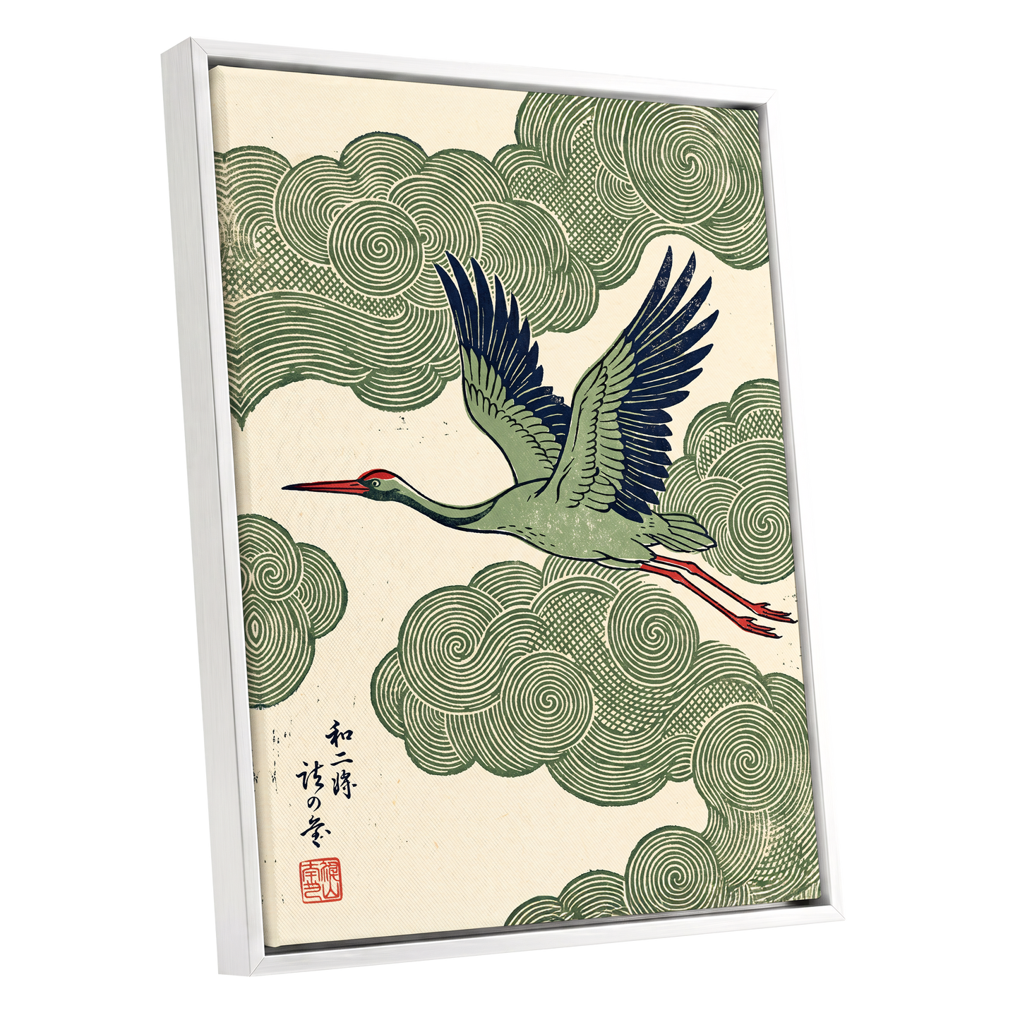 Wingbeat Through Whorls, green, beige, blue nature wall art shown as a white framed canvas wall art