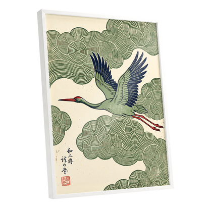 Wingbeat Through Whorls, green, beige, blue nature wall art shown as a white framed poster wall art print