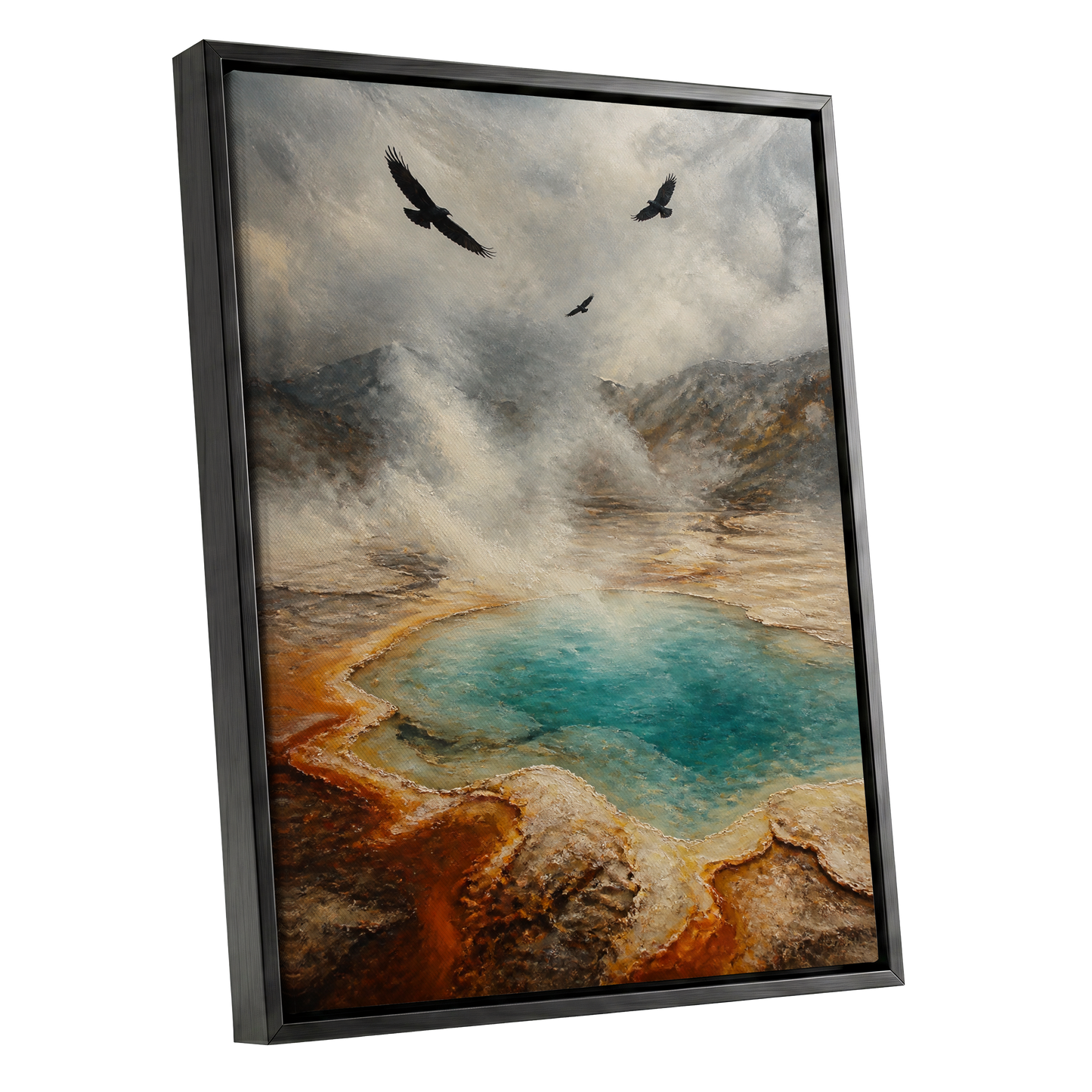 Wings Above Thermal Blue, gray, beige, blue nature wall art shown as a black framed canvas wall art