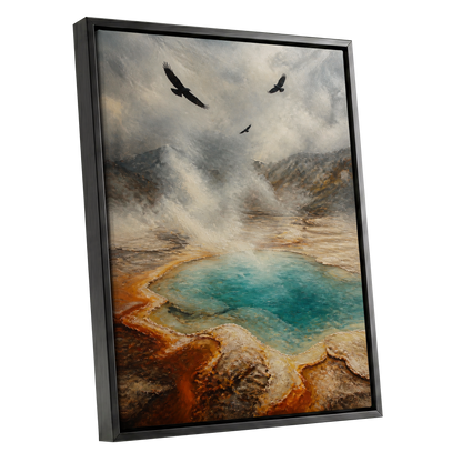 Wings Above Thermal Blue, gray, beige, blue nature wall art shown as a black framed canvas wall art
