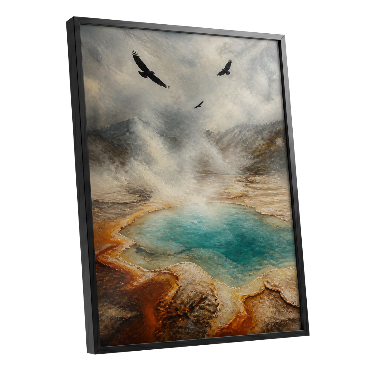 Wings Above Thermal Blue, gray, beige, blue nature wall art shown as a black framed poster wall art print
