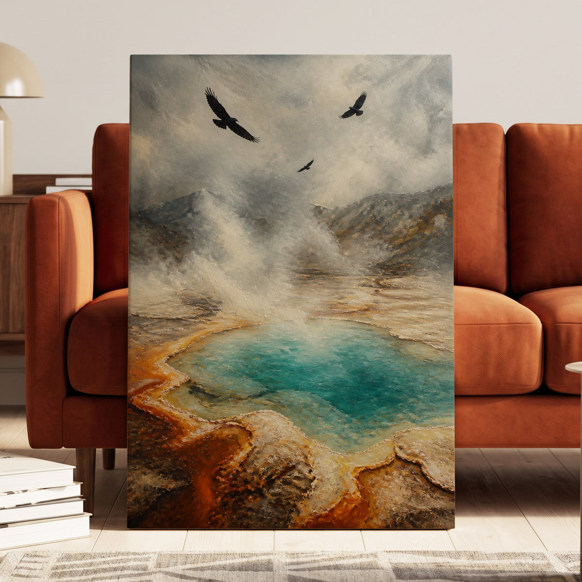 Wings Above Thermal Blue, gray, beige, blue nature wall art on canvas displayed in a styled interior, gallery view 1