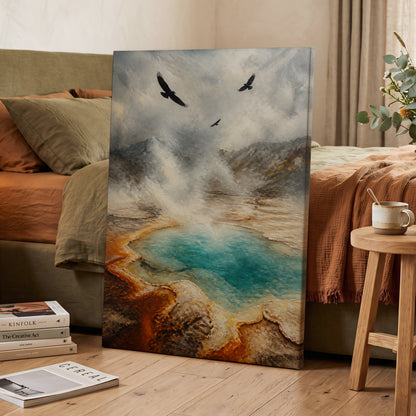 Wings Above Thermal Blue, gray, beige, blue nature wall art on canvas displayed in a styled interior, gallery view 2