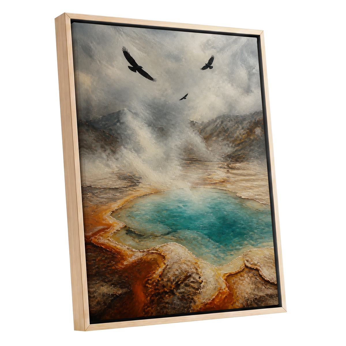Wings Above Thermal Blue, gray, beige, blue nature wall art shown as a oak framed canvas wall art