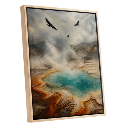 Wings Above Thermal Blue, gray, beige, blue nature wall art shown as a oak framed canvas wall art