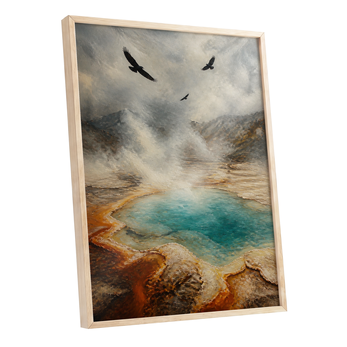 Wings Above Thermal Blue, gray, beige, blue nature wall art shown as a oak framed poster wall art print