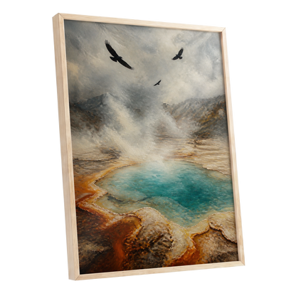 Wings Above Thermal Blue, gray, beige, blue nature wall art shown as a oak framed poster wall art print