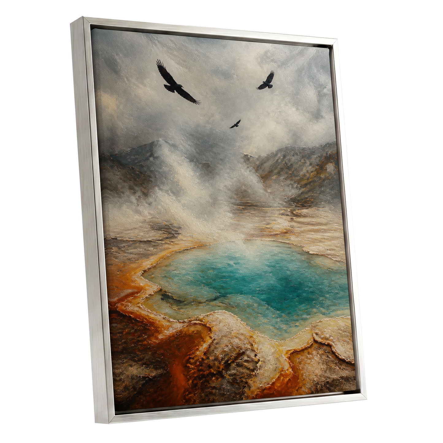 Wings Above Thermal Blue, gray, beige, blue nature wall art shown as a silver framed canvas wall art