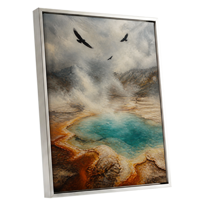 Wings Above Thermal Blue, gray, beige, blue nature wall art shown as a silver framed canvas wall art