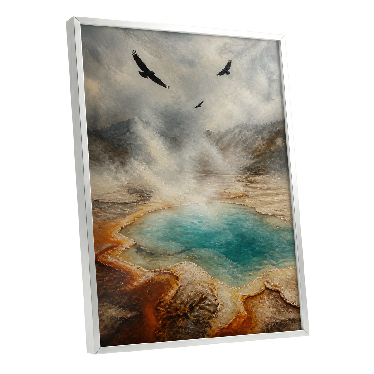 Wings Above Thermal Blue, gray, beige, blue nature wall art shown as a silver framed poster wall art print