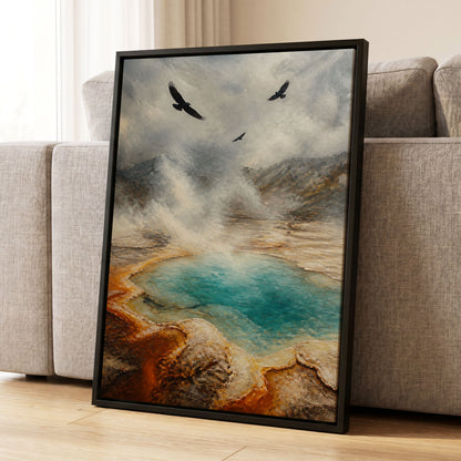 Wings Above Thermal Blue, gray, beige, blue nature wall art displayed in a styled interior, gallery view 1