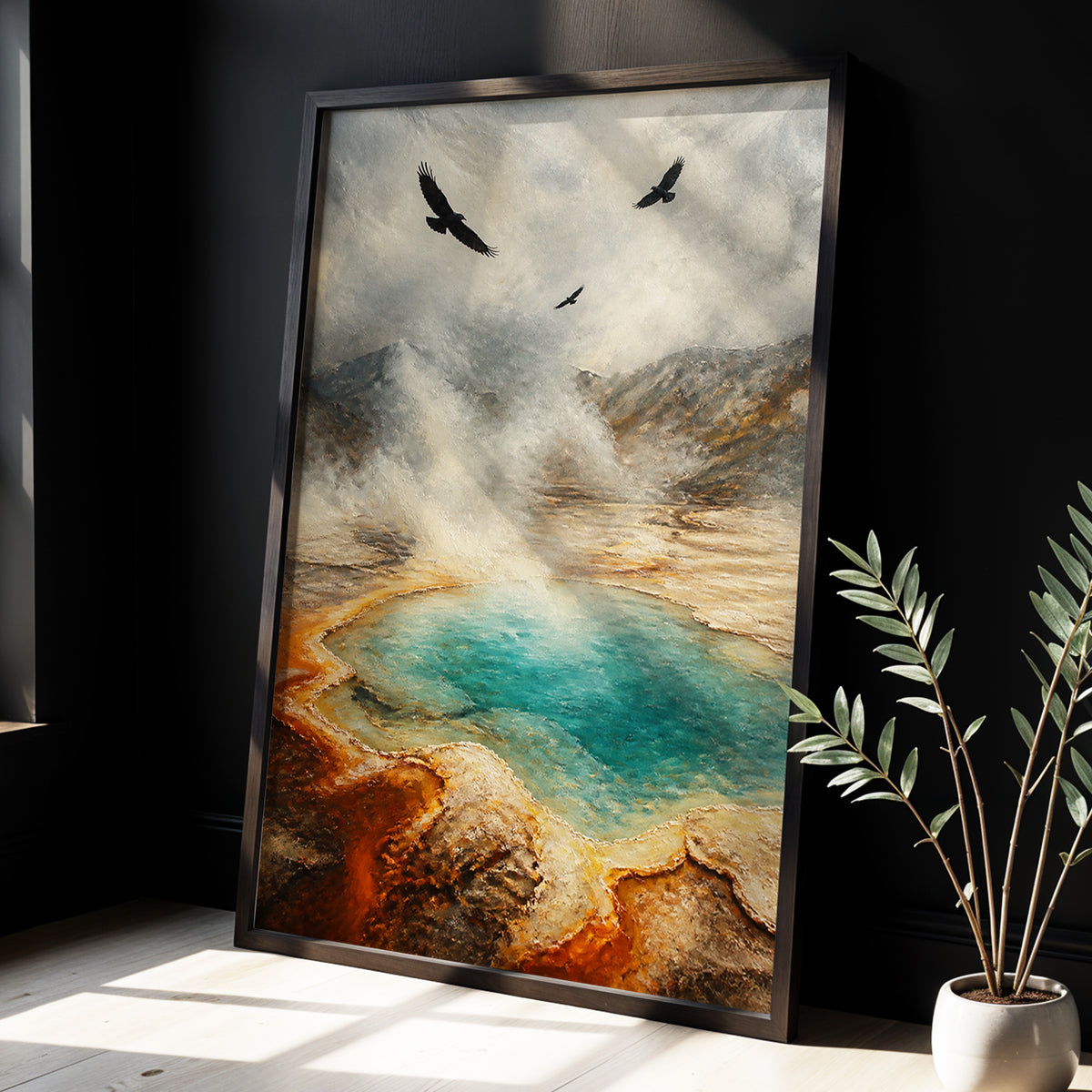 Wings Above Thermal Blue, gray, beige, blue nature wall art displayed in a styled interior, gallery view 2