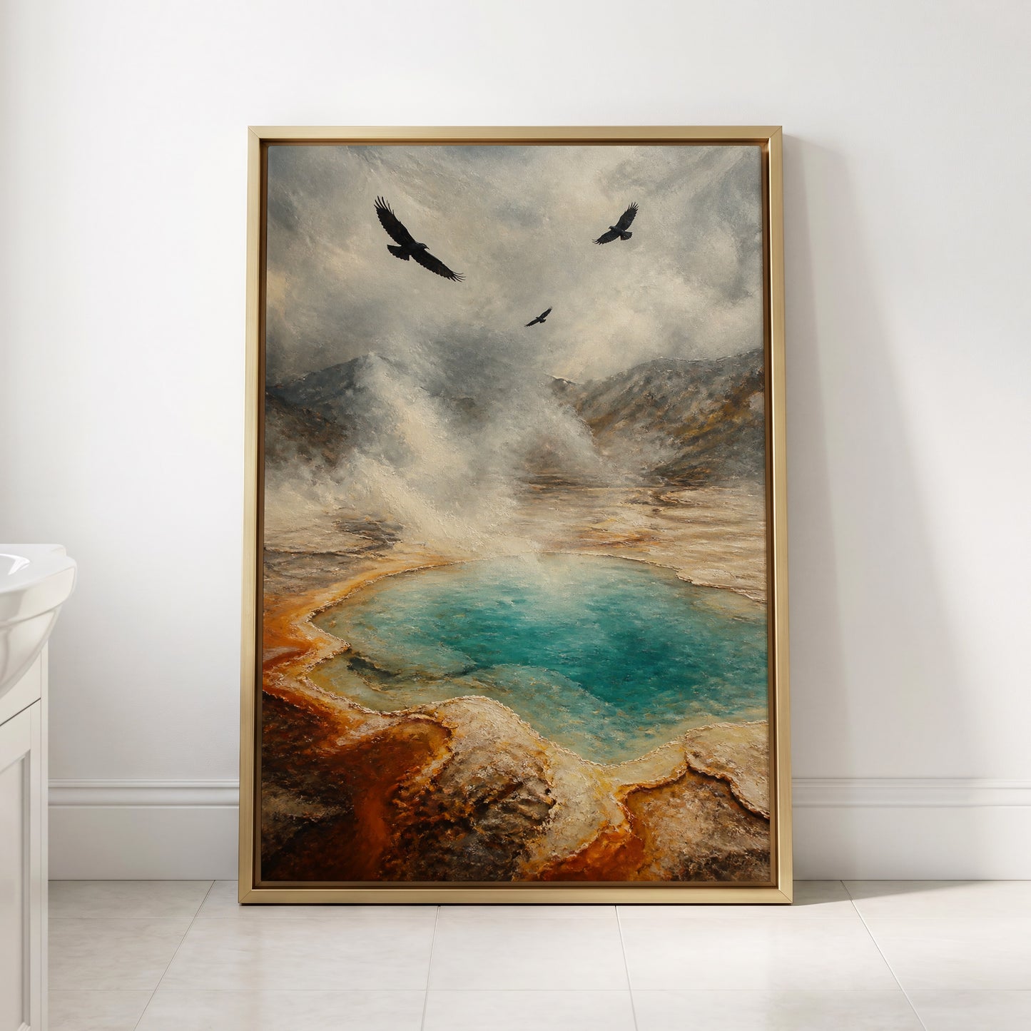 Wings Above Thermal Blue, gray, beige, blue nature wall art displayed in a styled interior, gallery view 3