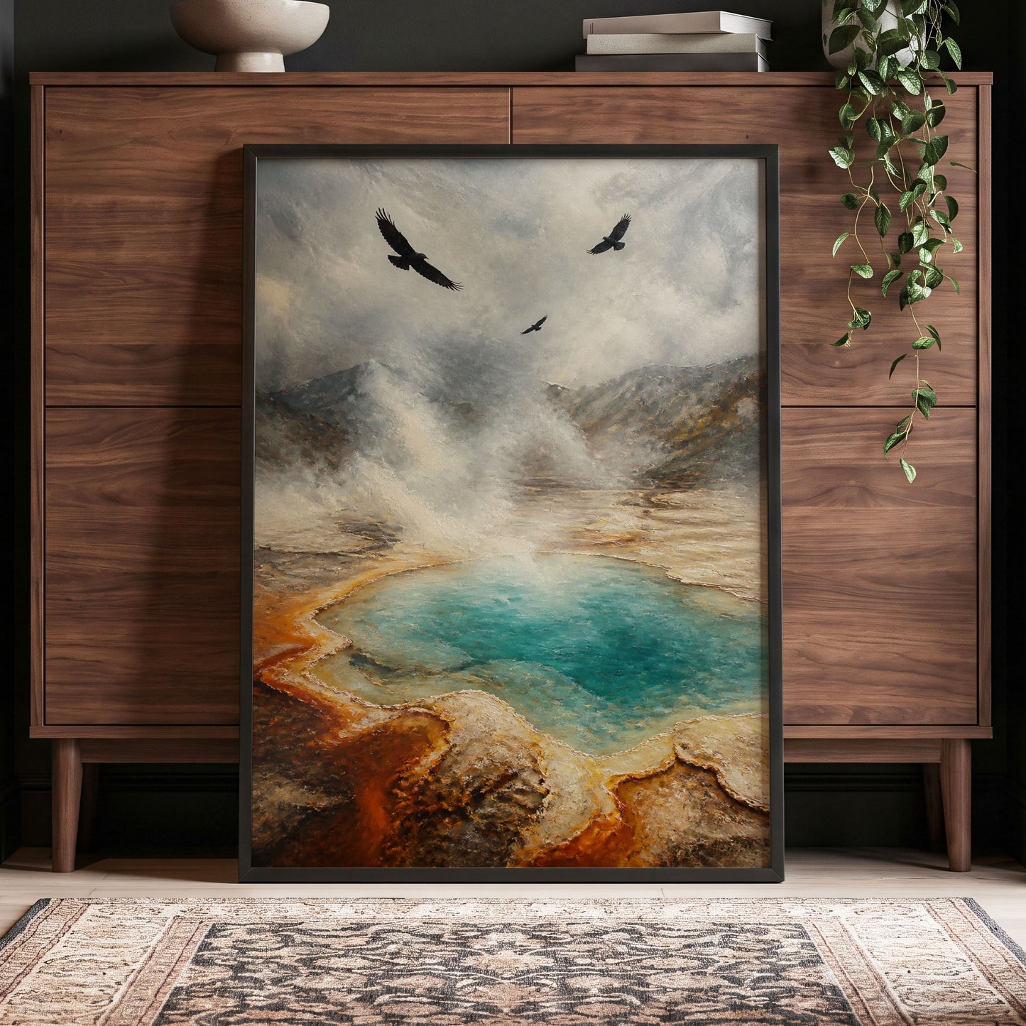 Wings Above Thermal Blue, gray, beige, blue nature wall art displayed in a styled interior, gallery view 5