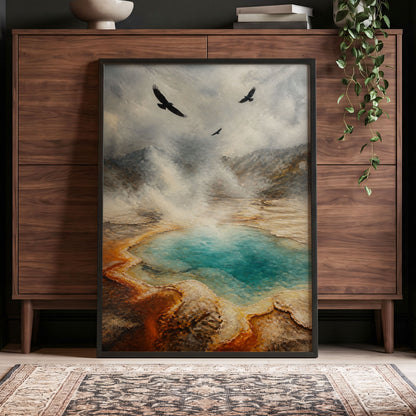 Wings Above Thermal Blue, gray, beige, blue nature wall art displayed in a styled interior, gallery view 5